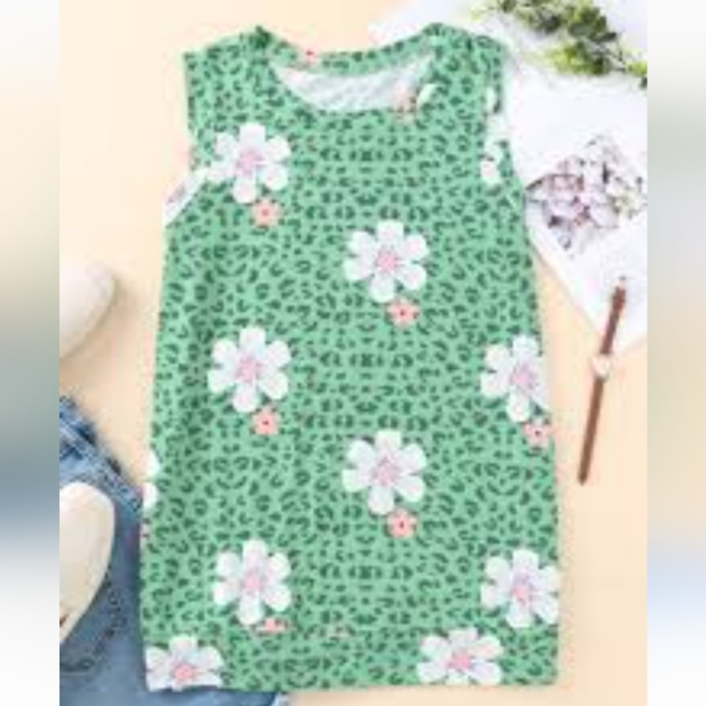 Green Crew Neck Floral Leopard Print Tank Top Size XL NWOT P2P 22 In - Picture 4 of 5